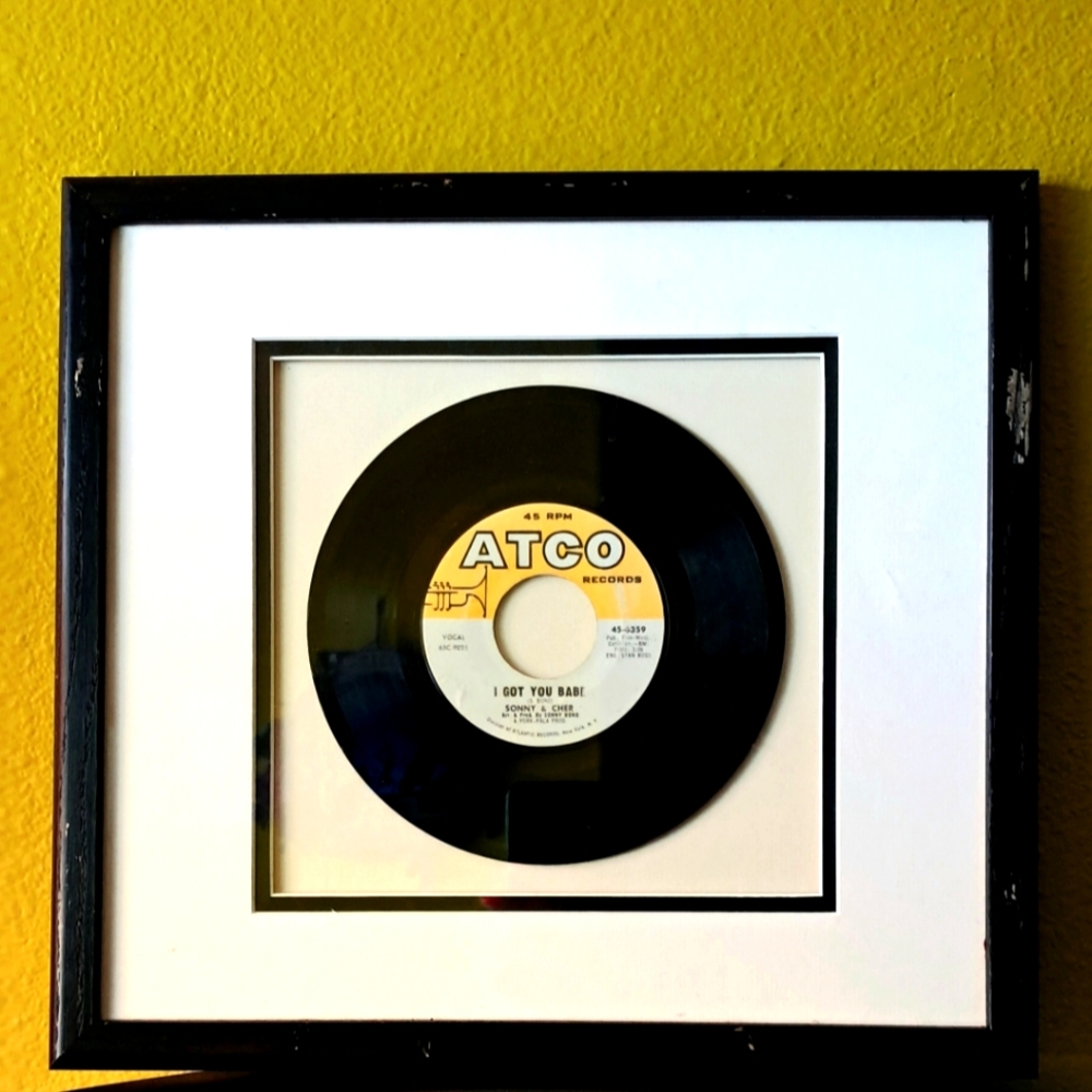 Sonny and Cher framed "I Got You Babe" 45 vinyl with laminated rare photo